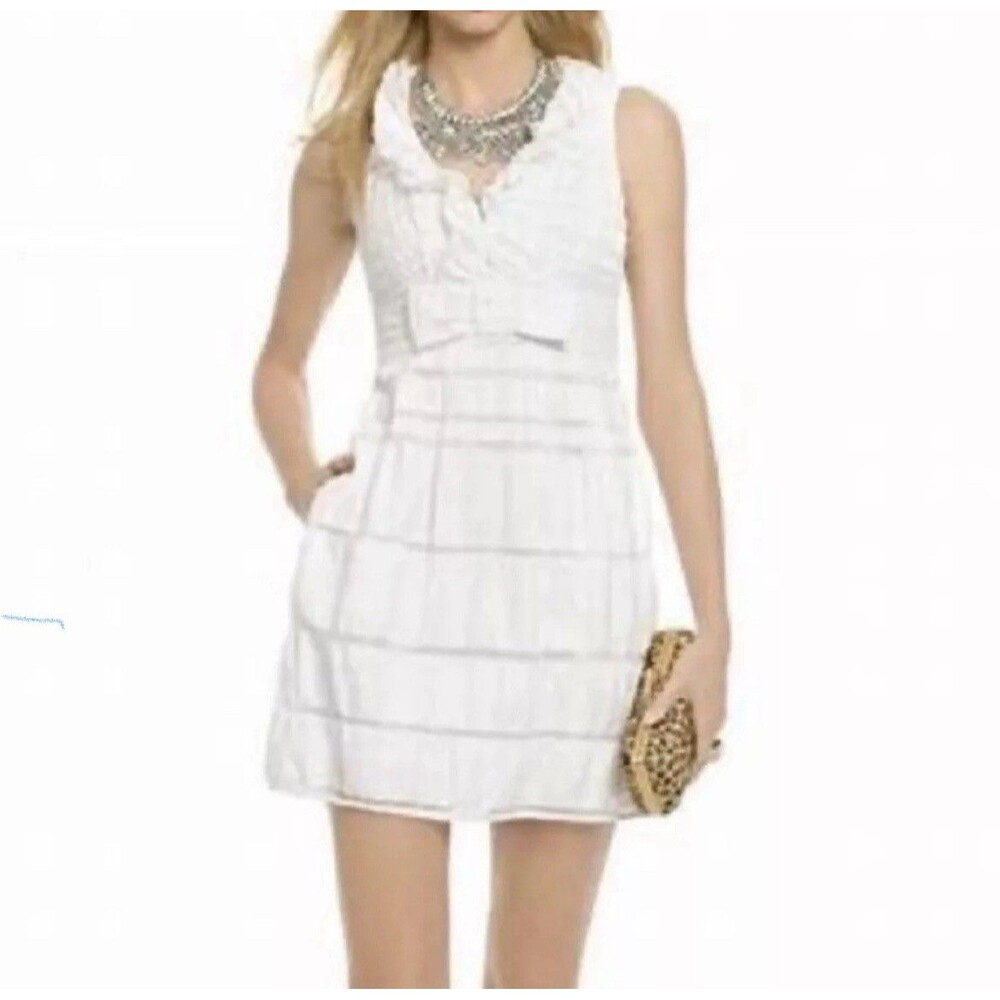Nanette Lepore Womens Cotton Blend Fit & Flare Dress White Size 0 Bow V Neck